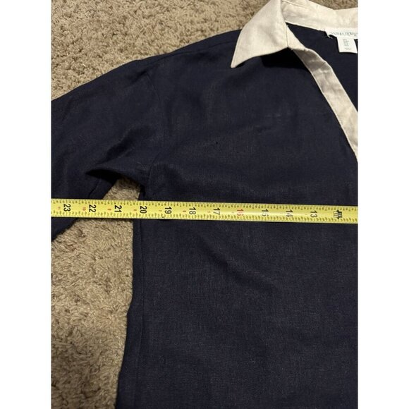 CYNTHIA ROWLEY Navy White Linen Blend 3/4 Sleeve Shirt Dress Beach Coastal SMALL - Picture 8 of 11